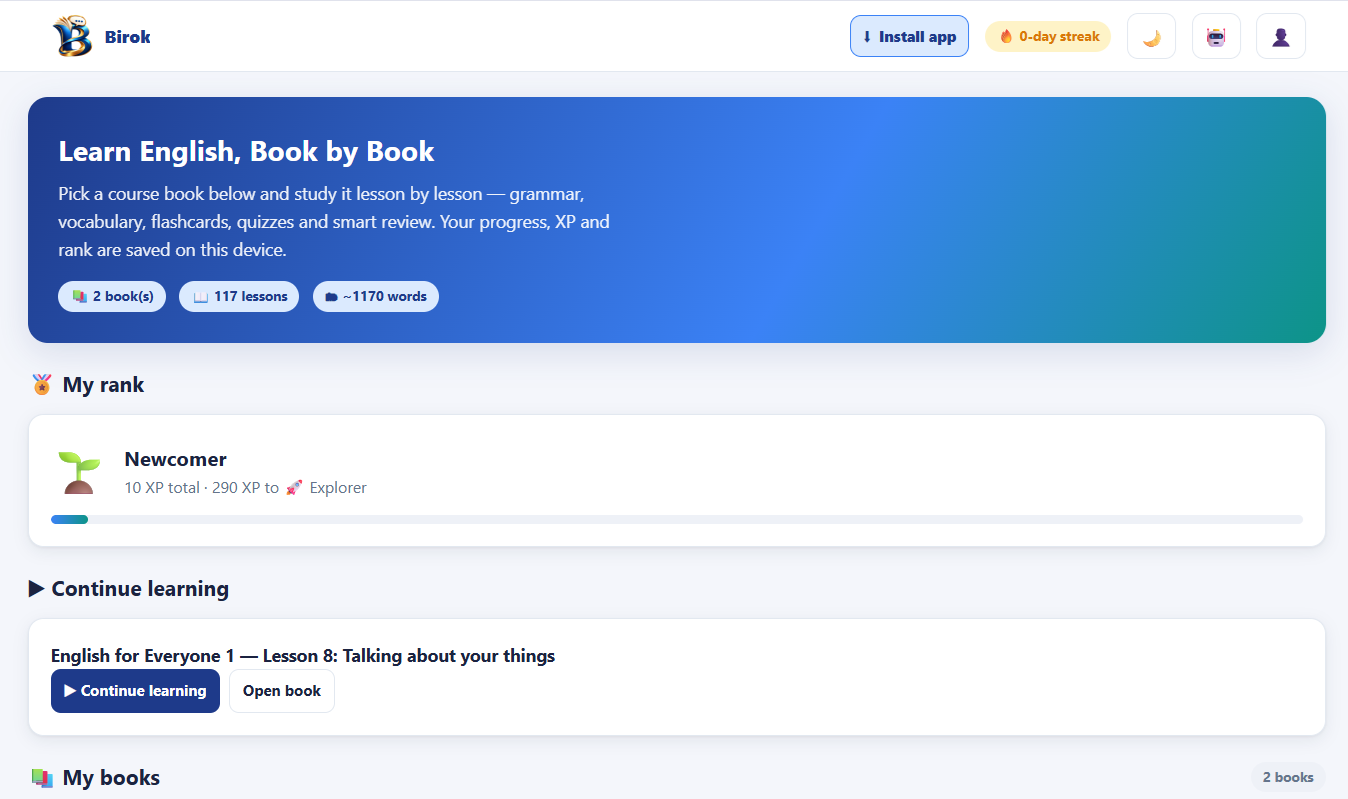Birok app home — book selection