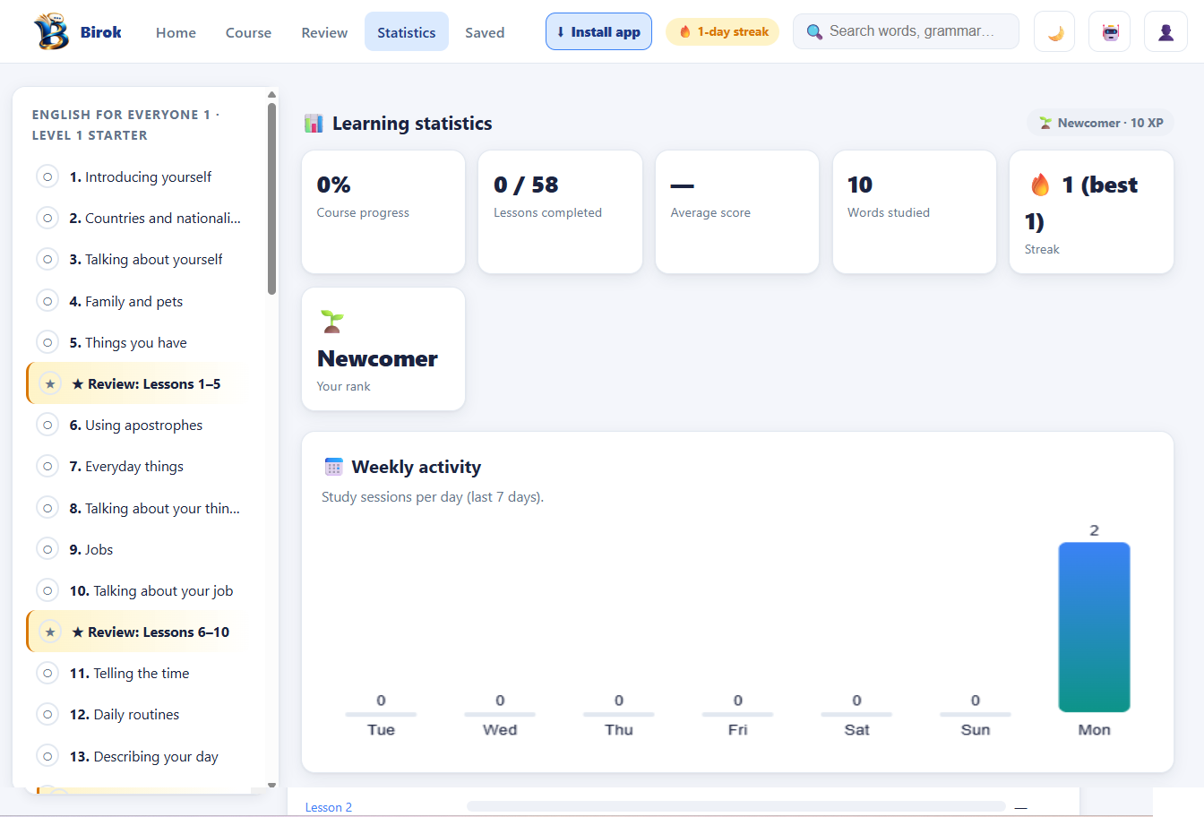 Learning statistics page