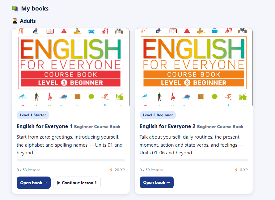 English for Everyone 1 and 2 book cards in the app