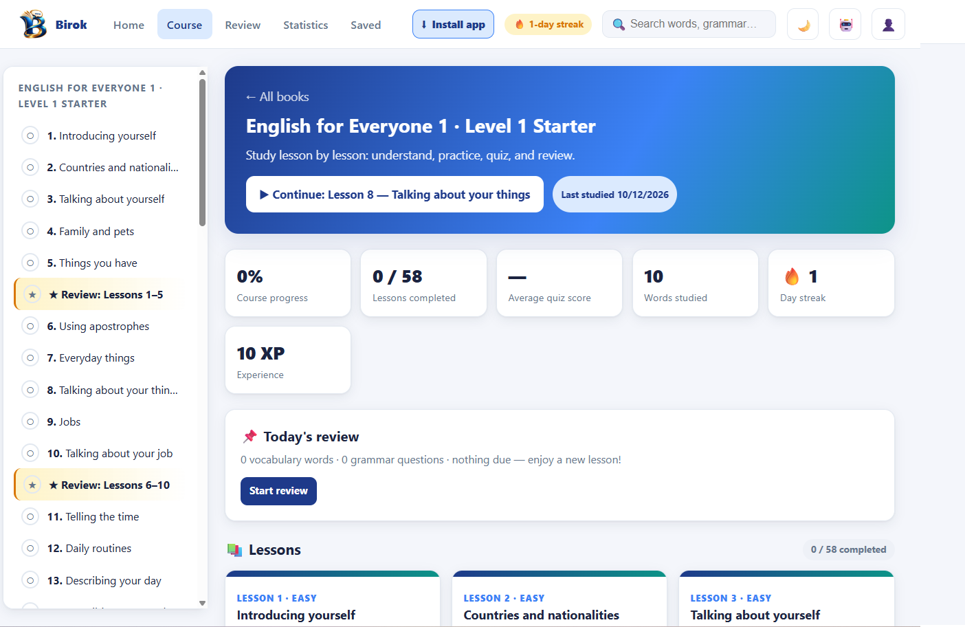 Course page with lesson sidebar and statistics